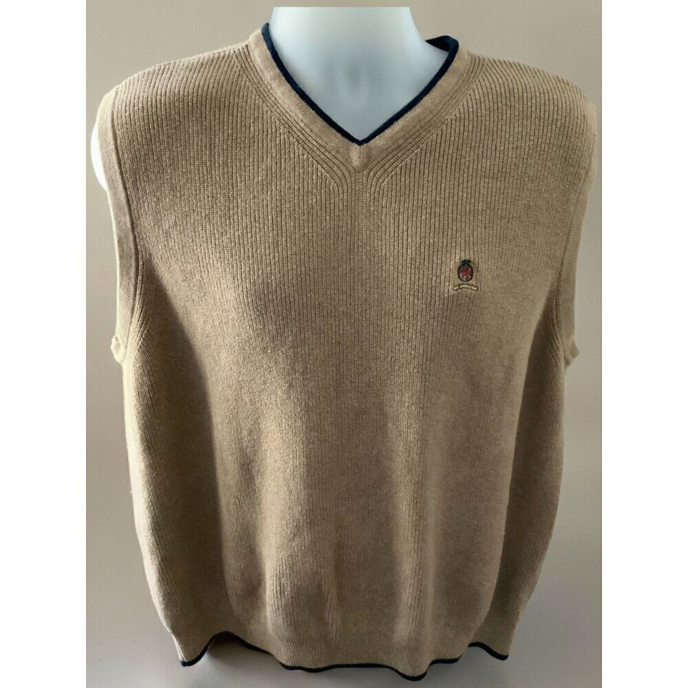 Tommy Hilfiger Sweater Vest Tan Navy Trim Cotton VNeck Casual Rib Knit Mens XL - Picture 8 of 8